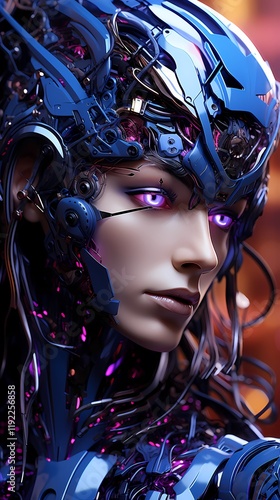 Digital technology black and purple cyberpunk robot poster background
 photo