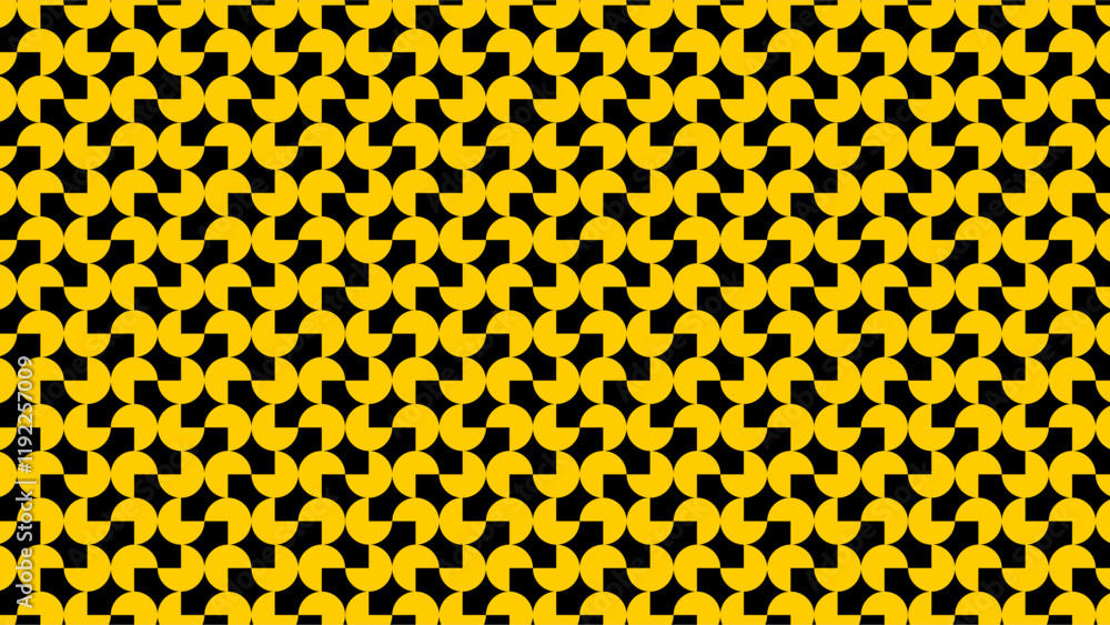 A geometric yellow pattern in three quarters circles, forming a repetitive design on a black background. Perfect for modern, abstract, and decorative applications in prints, digital designs, and more. A geometric yellow pattern in three quarters circles, forming a repetitive design on a black background. Perfect for modern, abstract, and decorative applications in prints, digital designs, and more.