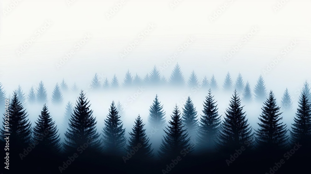 Obraz premium Blurred abstract background concept. Misty evergreen forest in shades of blue creates a serene and tranquil atmosphere.
