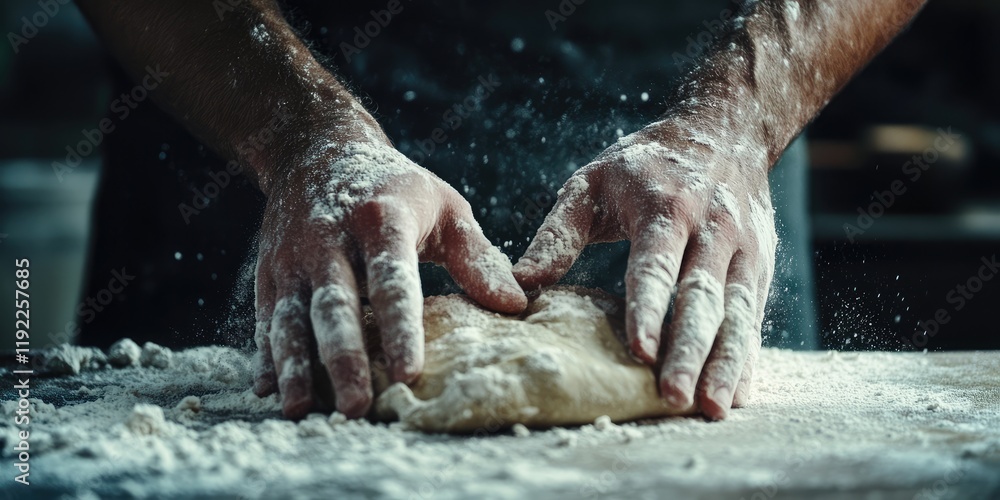 Fototapeta premium Two hands in a close-up shot expertly rolling dough on a floured surface in a rustic kitchen focused attention on the task with flour dusting the scene