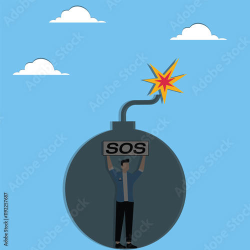 Seeking help in a crisis, caught in a crisis and risk, business or professional problems and troubles, businessman caught in a bomb holding a placard that says SOS seeking help