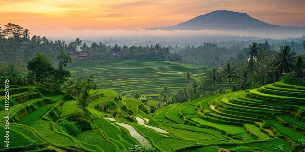 Fototapeta premium A tranquil rice terrace landscape in Asia at sunrise, with layers of green fields and a misty mountain backdrop