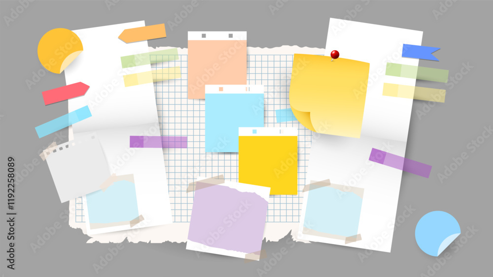 Paper and notes, stickers, sticky sheets and tape Vector Set, on gray background, Flat Modern design , illustration Vector EPS 1