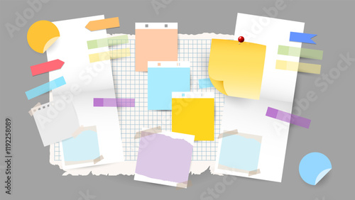 Paper and notes, stickers, sticky sheets and tape Vector Set, on gray background, Flat Modern design , illustration Vector EPS 1
