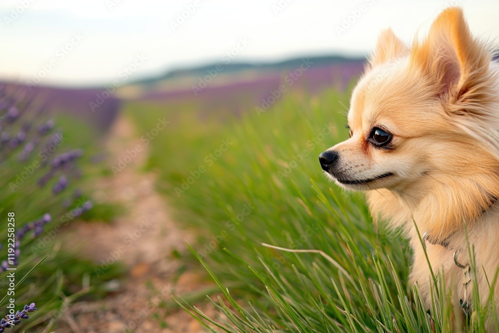 Dog trails relaxation concept. A dog in a lavender field on a sunny day. Dog trails relaxation concept. A dog in a lavender field on a sunny day.