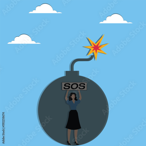 Seeking help in a crisis, caught in a crisis and risk, business or professional problems and troubles, businesswoman caught in a bomb holding a placard that says SOS seeking help