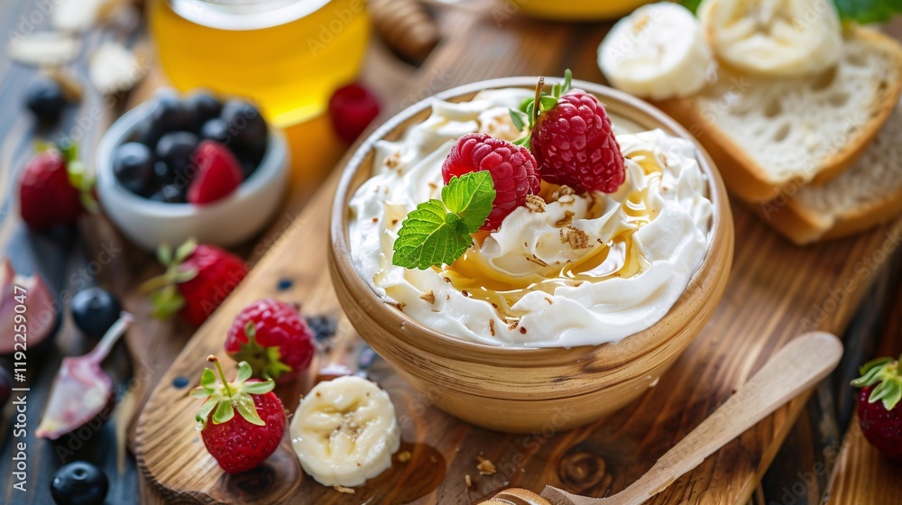 Greek yogurt with fresh fruits, honey, and crispy toast on a wooden table Greek yogurt with fresh fruits, honey, and crispy toast on a wooden table