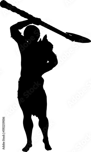 Detailed silhouette of a primitive male warrior wielding a massive axe. Perfect for fantasy designs, battle scenes, and character representations, capturing the warrior's courage and power.