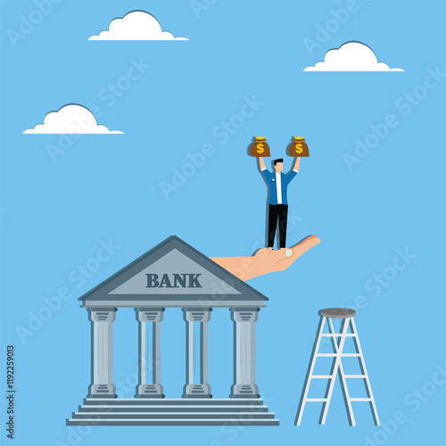 Successfully obtaining a loan from a bank, borrowing money from a bank, personal financial services or financial support, happy businessman standing with two bags of money in the bank's outstretched h