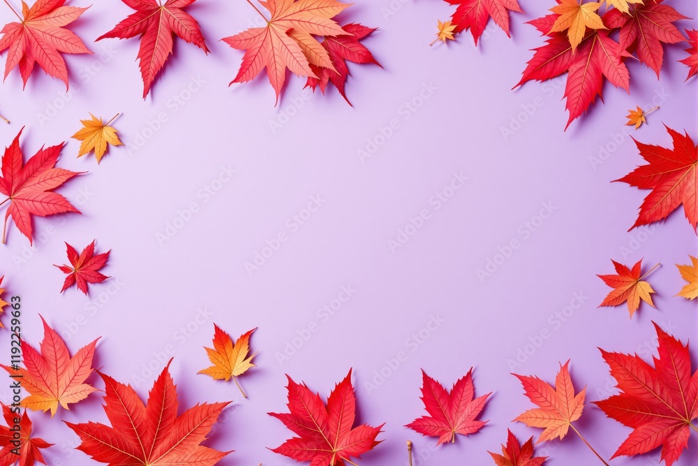 Red and orange autumn leaves scattered along the edges of a light purple background. Minimalistic layout, seasonal concept. Ai generative Red and orange autumn leaves scattered along the edges of a light purple background. Minimalistic layout, seasonal concept. Ai generative