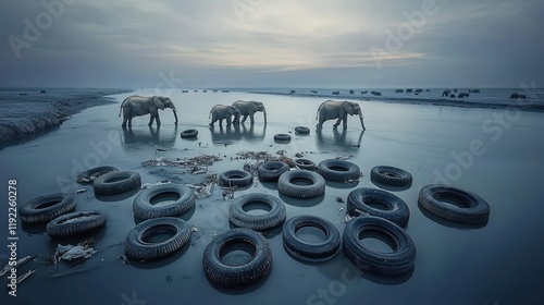 Elephants walk through shallow water littered with discarded tires, highlighting environmental pollution and its impact on wildlife.  A serene yet somber scene at dawn or dusk.