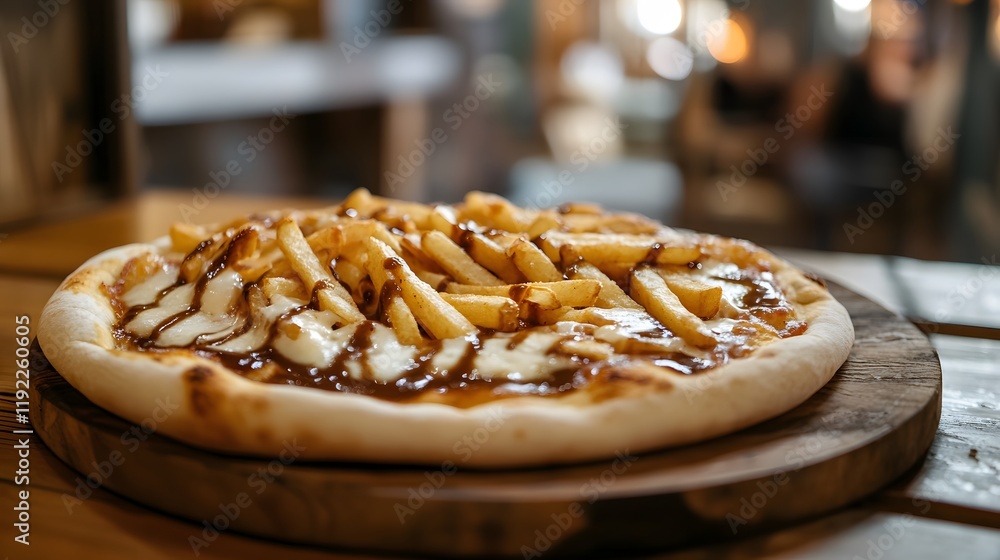 Poutine pizza with fries, cheese curds, and rich gravy on a pizza crust in restaurant. Poutine pizza with fries, cheese curds, and rich gravy on a pizza crust in restaurant.