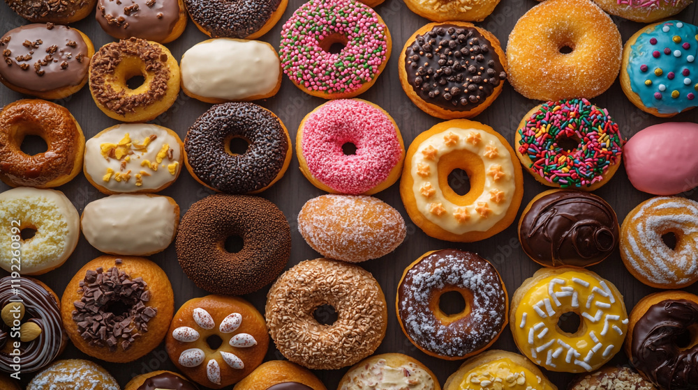 Variety of colorful donuts arranged on a wooden table in a vibrant display Variety of colorful donuts arranged on a wooden table in a vibrant display