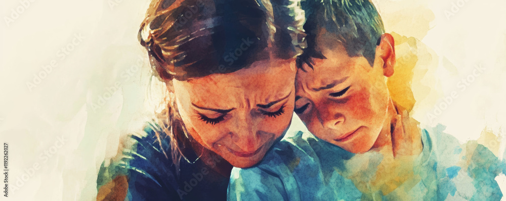 Close up of mother and son sharing emotional moment, with tears of joy and love. Their expressions convey deep connection and warmth, highlighting bond between them