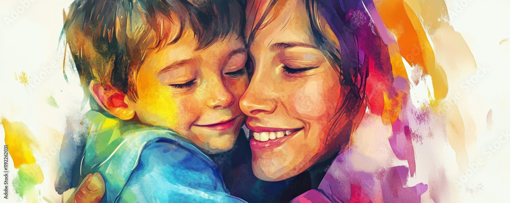 joyful mother embraces her son in colorful, expressive painting, capturing their love and happiness. vibrant colors enhance emotional connection between them