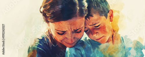 Obraz na płótnie Close up of mother and son sharing emotional moment, with tears of joy and love. Their expressions convey deep connection and warmth, highlighting bond between them w salonie