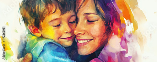 joyful mother embraces her son in colorful, expressive painting, capturing their love and happiness. vibrant colors enhance emotional connection between them