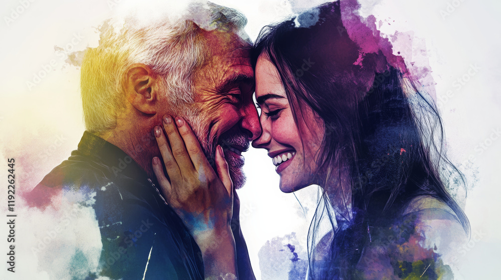 Joyful moment between father and daughter, sharing loving embrace, with smiles and warmth radiating from their faces, surrounded by colorful splashes