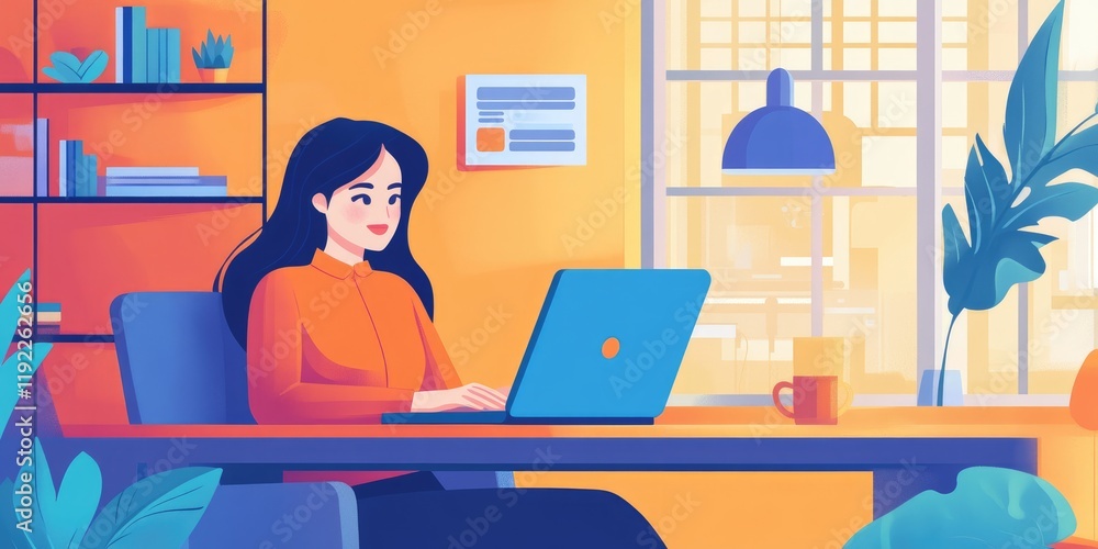 Freelance work and digital content creation concept. A woman works on her laptop in a coffee shop, reading blogs and creating online media content. Freelance work and digital content creation concept. A woman works on her laptop in a coffee shop, reading blogs and creating online media content.