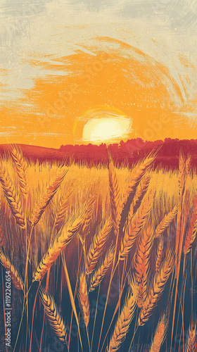 The image depicts a sunset over a field of wheat, with the sun positioned at the center of the sky, casting warm orange and yellow hues over the scene