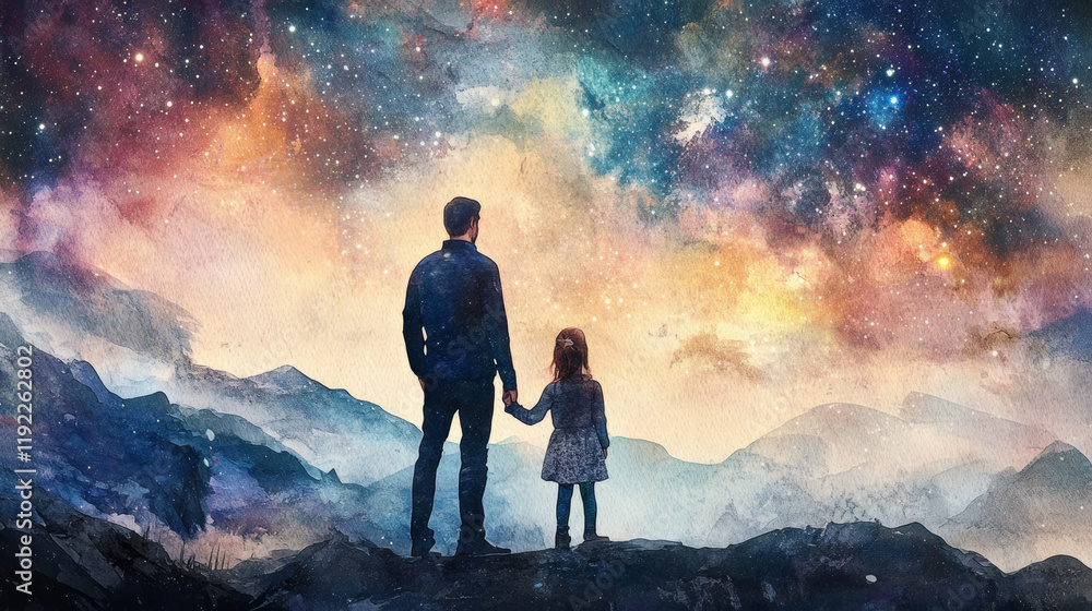 Father and daughter gazing at starry sky, exploring universe together, creating magical moment filled with wonder and connection