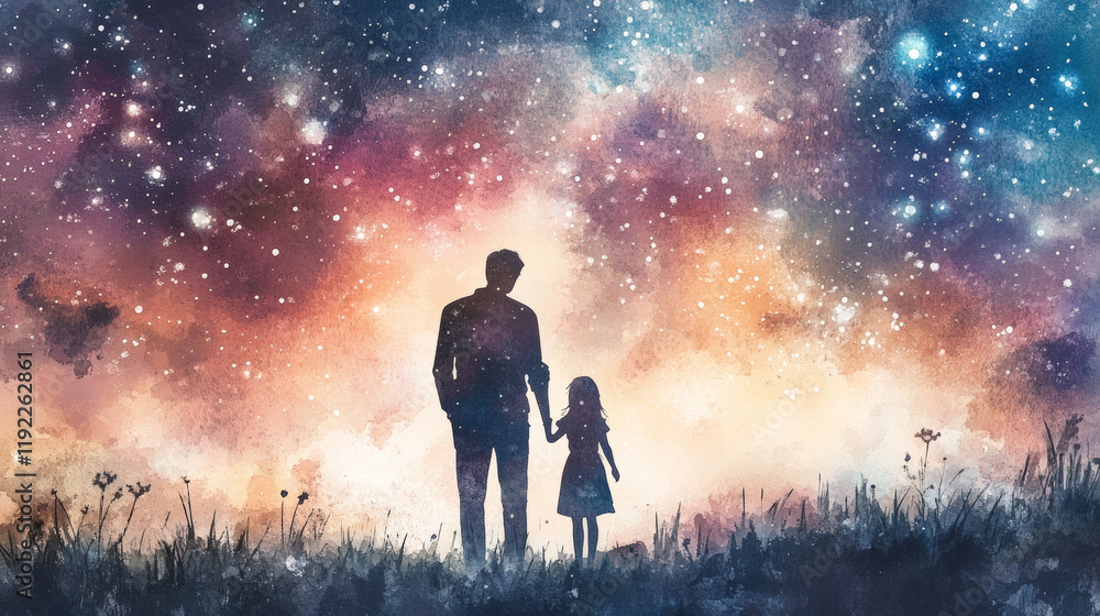 Father and daughter gazing at stars together, enjoying magical night filled with wonder and connection. cosmic backdrop enhances their bond and creates serene atmosphere