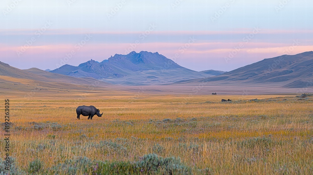 Obraz premium Rhino in a grassy field with mountains in the background. AI.