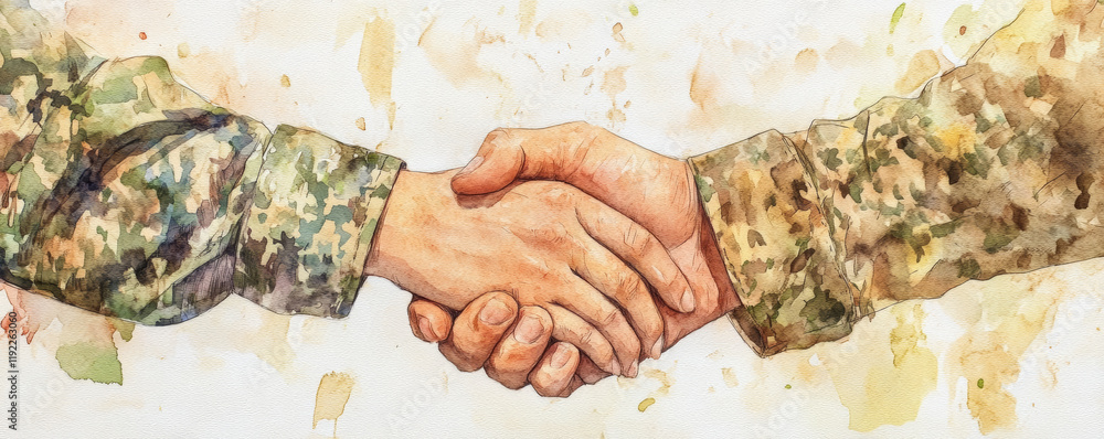 Hands tightly clasped in handshake between soldier and civilian, symbolizing unity and support. watercolor effect adds warm, emotional touch to scene