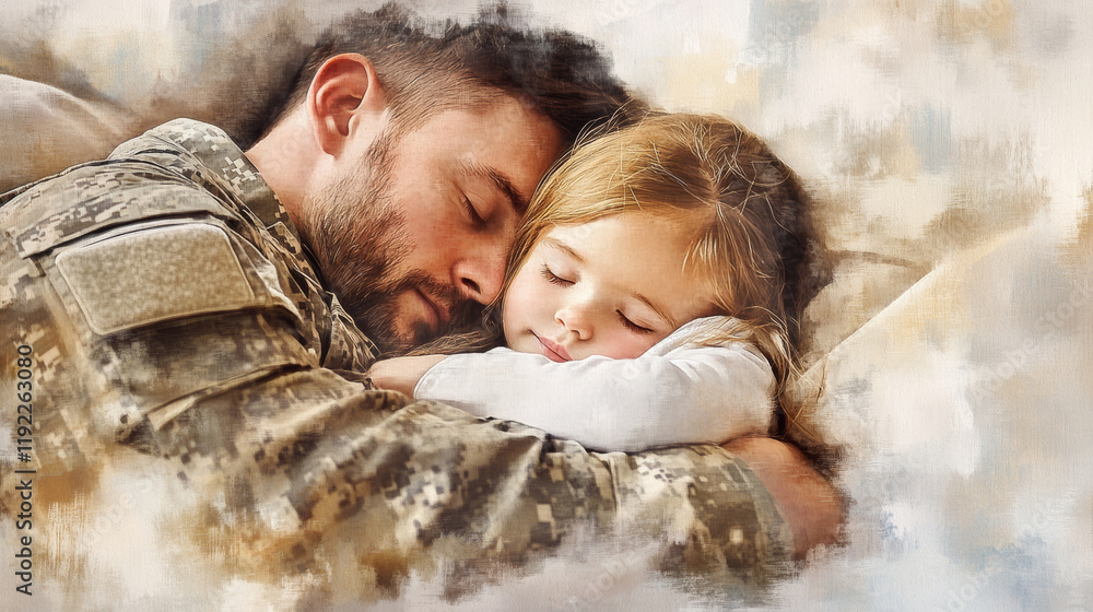 soldier in military uniform peacefully holds his sleeping daughter, showcasing tender moment of love and security. warm embrace highlights their strong bond