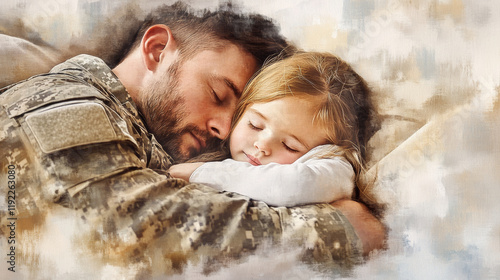 Obraz na płótnie soldier in military uniform peacefully holds his sleeping daughter, showcasing tender moment of love and security. warm embrace highlights their strong bond w salonie
