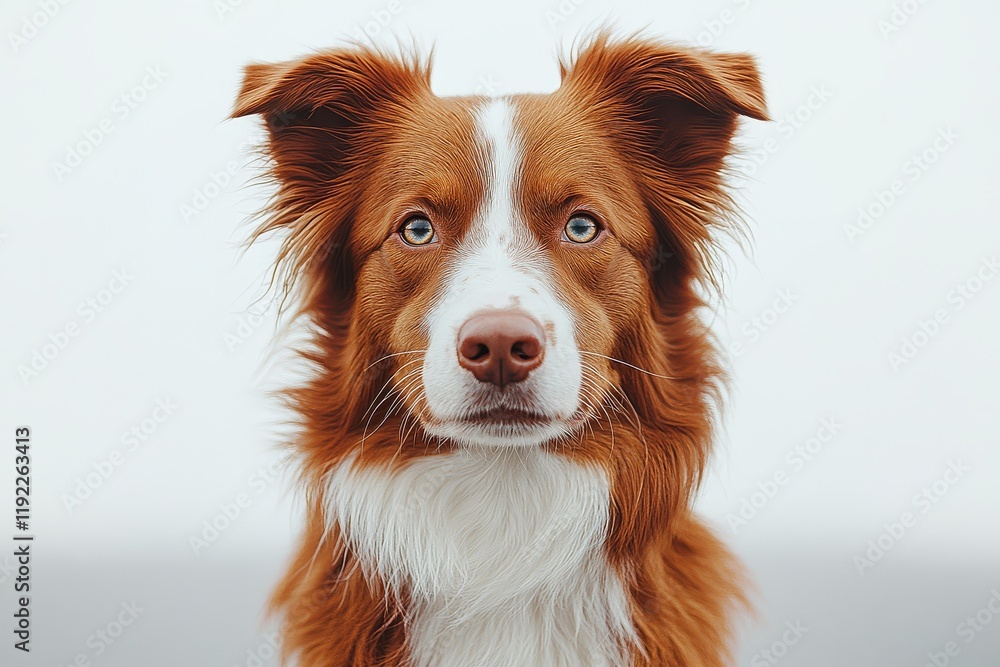 Red border collie sitting and looking at camera in front view against white background. Red border collie sitting and looking at camera in front view against white background.