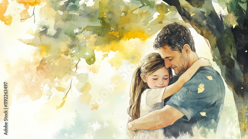 heartwarming scene of father and daughter embracing under tree, surrounded by autumn leaves. Their bond reflects love and warmth in serene setting
