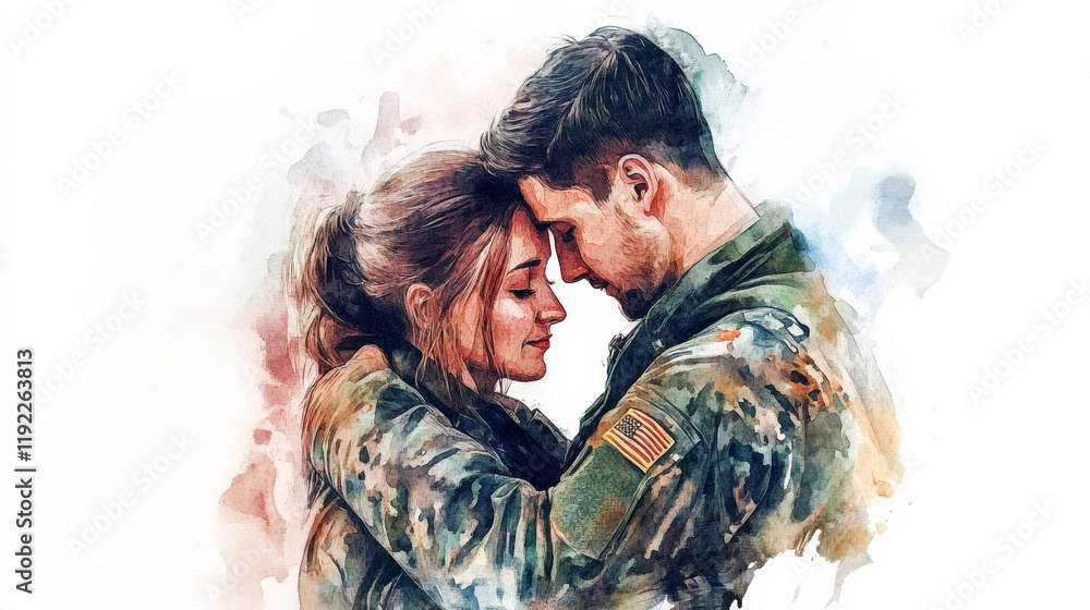 Soldier embracing partner, foreheads touching, emotional reunion, watercolor art, military uniform, love, connection, tenderness, intimate moment, warm colors