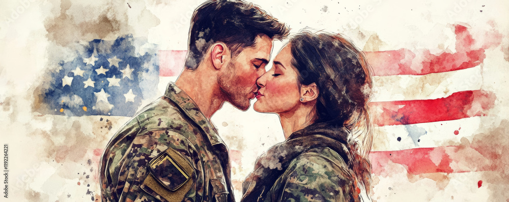 Soldier kissing partner under American flag, expressing love and reunion. heartfelt moment captured in watercolor style, symbolizing devotion and sacrifice