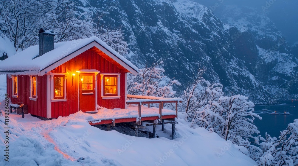 Naklejka premium Cozy Red Cabin in Snowy Mountains: A Winter Wonderland Escape