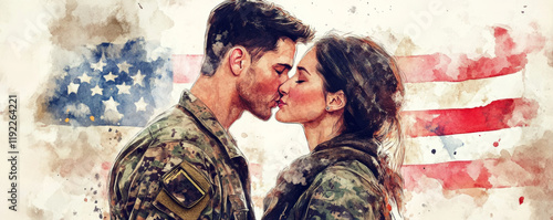 Obraz na płótnie Soldier kissing partner under American flag, expressing love and reunion. heartfelt moment captured in watercolor style, symbolizing devotion and sacrifice w salonie