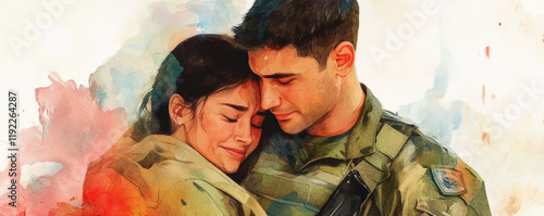Obraz na płótnie Soldier embracing loved one, expressing deep emotions and connection, showcasing love and support in heartfelt moment. beautiful watercolor illustration w salonie