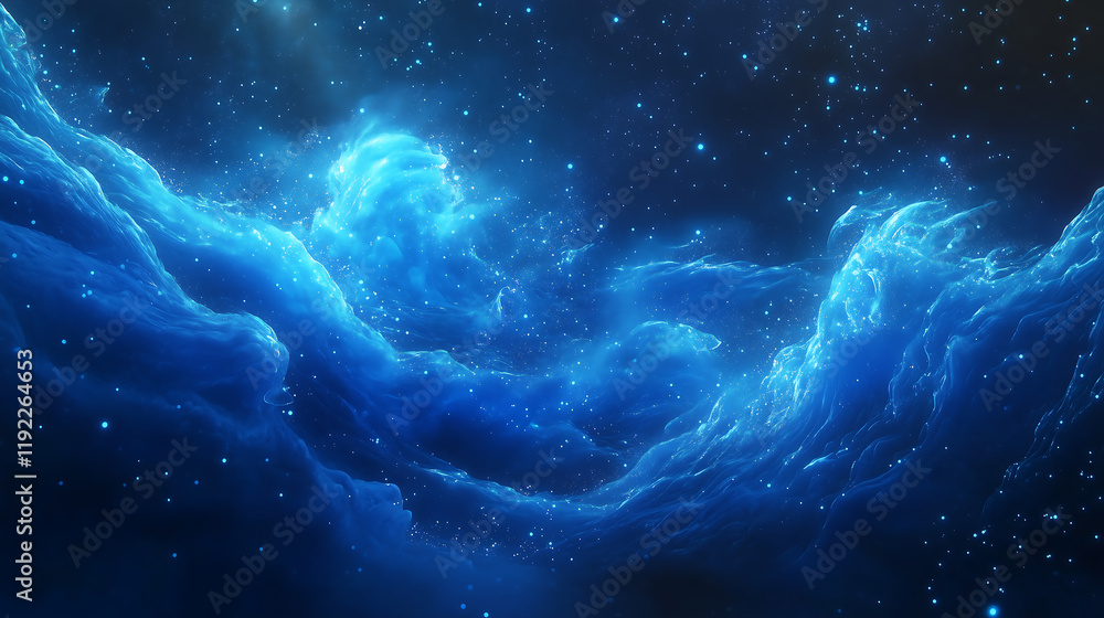 digital artwork featuring flowing blue waves intertwined with ethereal smoke formed from shimmering energy particles