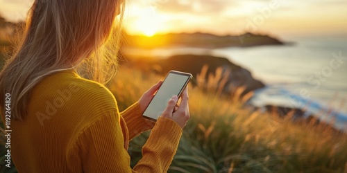 Concept of digital and social media engagement. A woman using her smartphone on vacation, highlighting the balance between remote work, social distancing, and online conn photo