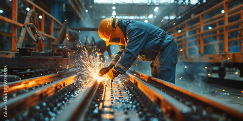  Welder working on steel rails with sparks flying in a factory, Industrial welding in a high-tech manufacturing facility photo