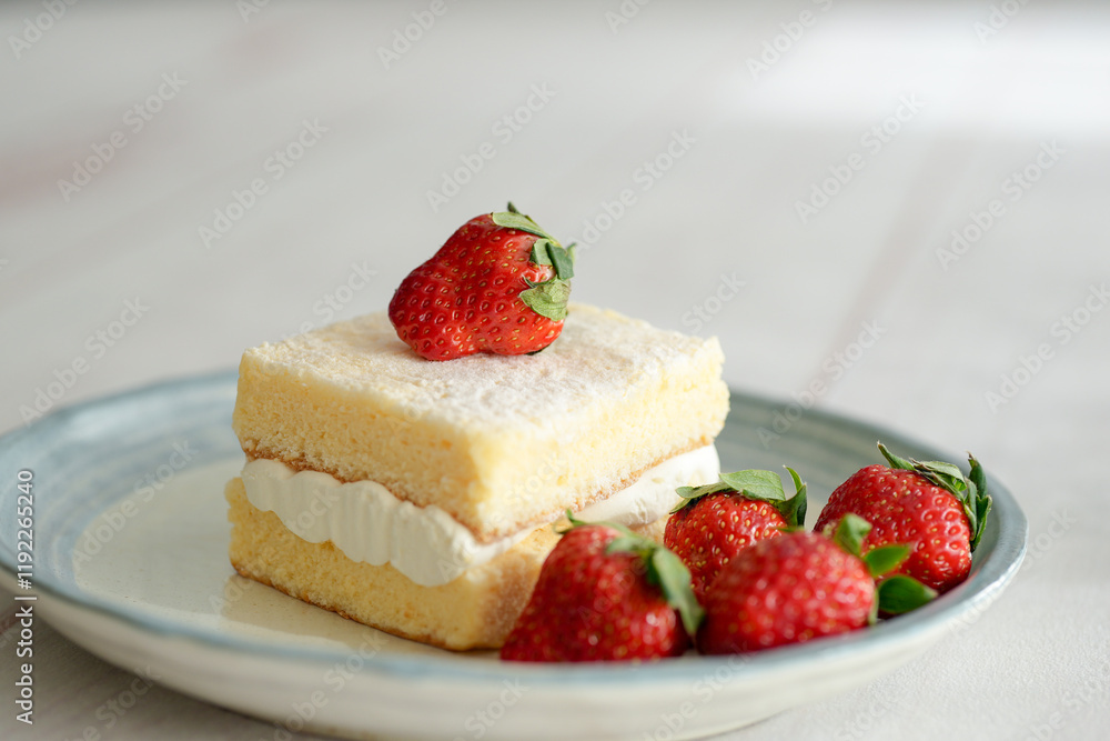 Japanese shortcake with strawberries on top is placed on a white wooden floor Japanese shortcake with strawberries on top is placed on a white wooden floor