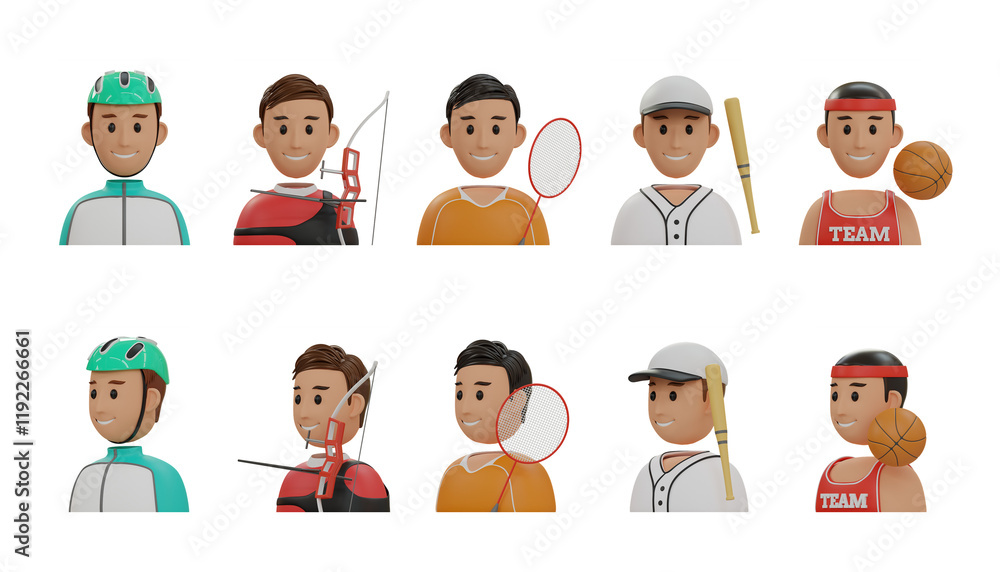sports avatars featuring male characters in various sports activities such as cycling. 3D Icon High Quality Render sports avatars featuring male characters in various sports activities such as cycling. 3D Icon High Quality Render