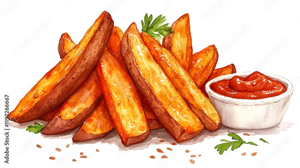 Watercolor painting of golden brown potato wedges with ketchup and parsley. Watercolor painting of golden brown potato wedges with ketchup and parsley.