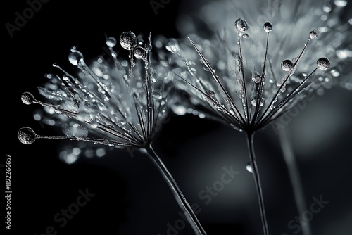 Dewdrops cling to delicate flower stems in monochrome photo