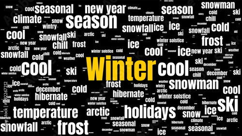 A vibrant winter-themed word cloud featuring prominent words like "winter," "snowfall," and "holidays," capturing the essence of the season's chill and celebration.