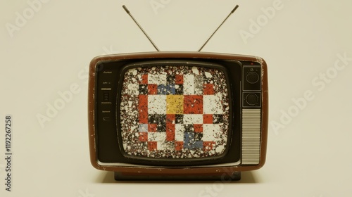 A vibrant 3D render of a vintage television set with rabbitear antennas displaying a colorful test pattern screen, against a backdrop of old-fashioned wallpaper. photo