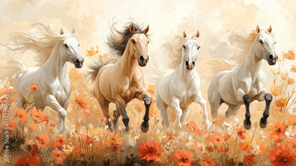 Obraz premium Four horses galloping through a field of flowers.