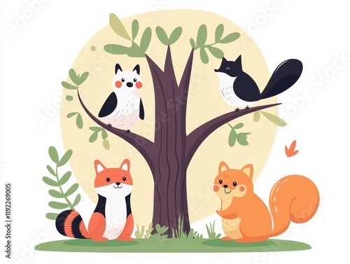 Cute small animals like squirrels and birds gathering near a tree in a bright forest, emphasizing harmony in nature photo