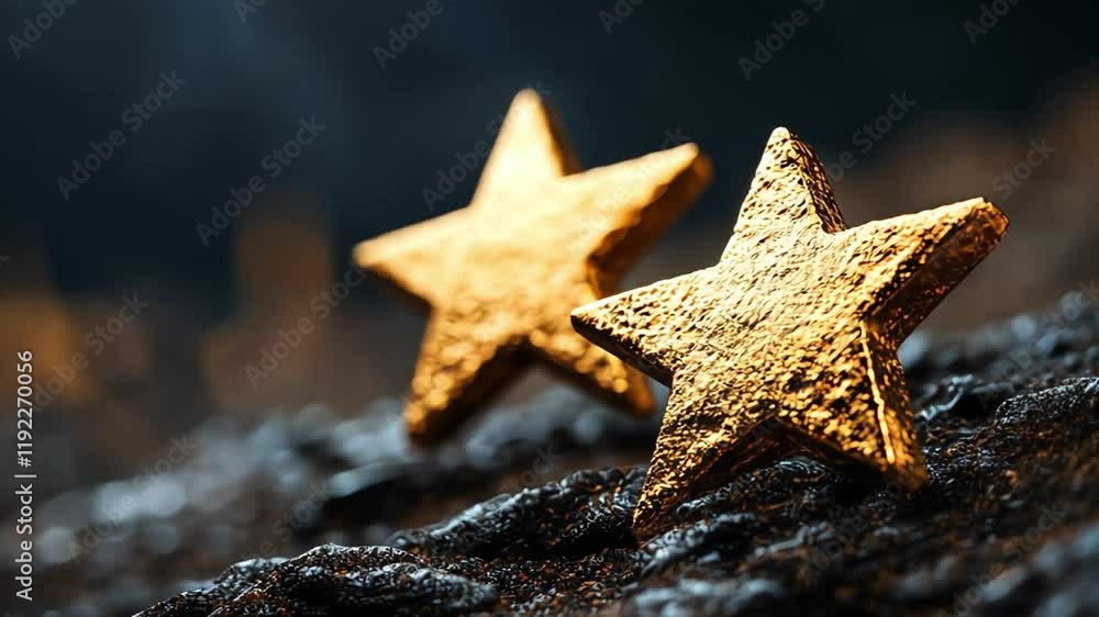 Close-up of shimmering golden stars on a textured dark surface, creating a captivating view. Close-up of shimmering golden stars on a textured dark surface, creating a captivating view.