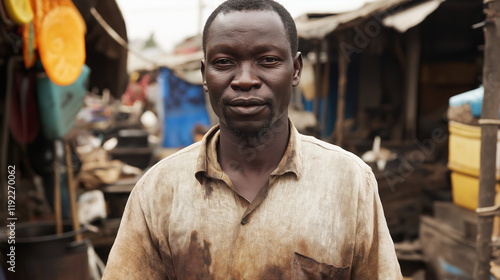 Man in urban market environment. Represents daily life and social documentary photo